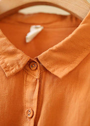 Casual Orange PeterPan Collar Button Pockets Fall Long Sleeve Blouse Top - SooLinen