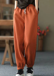 Casual Orange Pockets Elastic Waist Warm Fleece Pants Spring