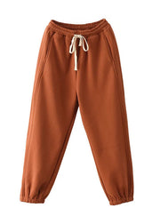 Casual Orange Pockets Elastic Waist Warm Fleece Pants Spring
