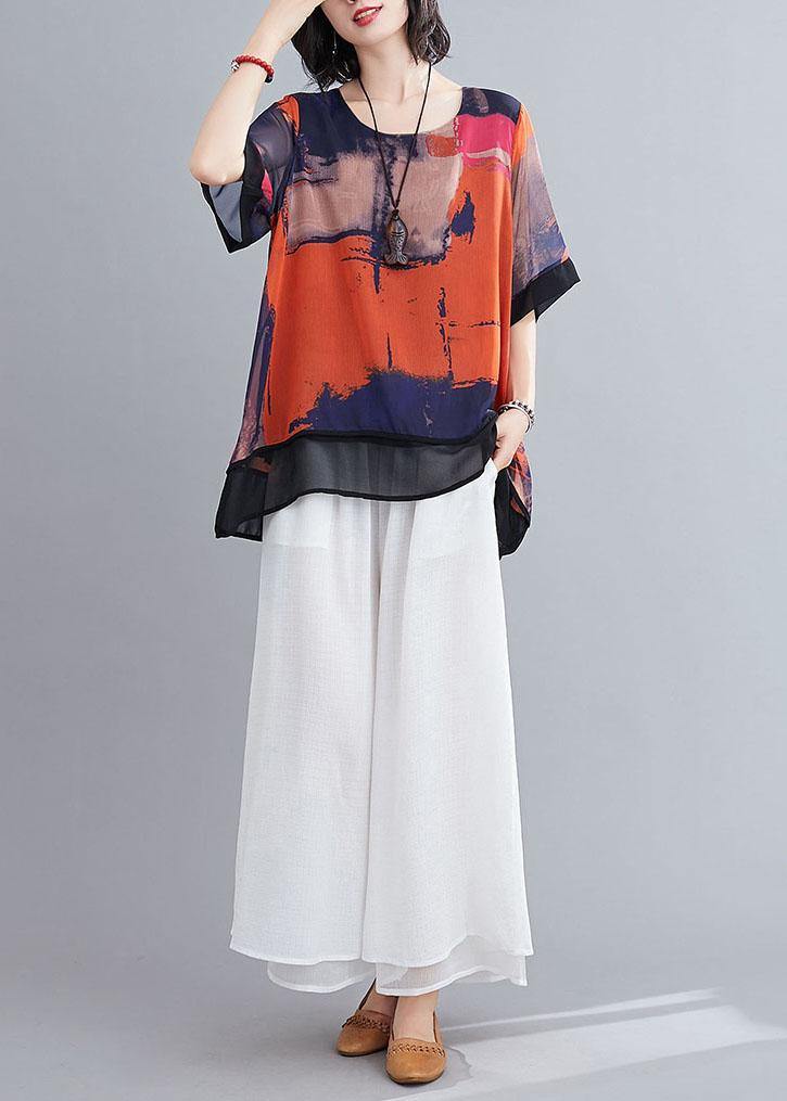 Casual Orange Print Chiffon Half Sleeve Summer two Piece Outfit - SooLinen