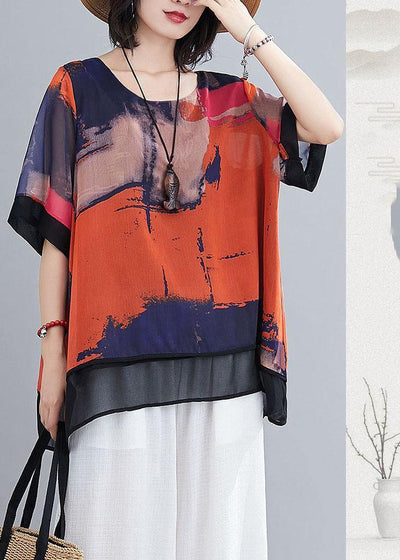 Casual Orange Print Chiffon Half Sleeve Summer two Piece Outfit - SooLinen