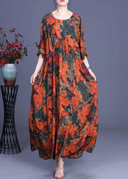 Casual Orange Print O-Neck Asymmetrical Design Summer Silk Cute Long Dresses - SooLinen