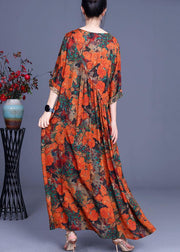 Casual Orange Print O-Neck Asymmetrical Design Summer Silk Cute Long Dresses - SooLinen
