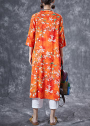 Casual Orange Stand Collar Print Cotton Long Shirt Summer