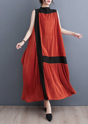 Casual Orange Turtleneck Patchwork Wrinkled Maxi Dress Sleeveless
