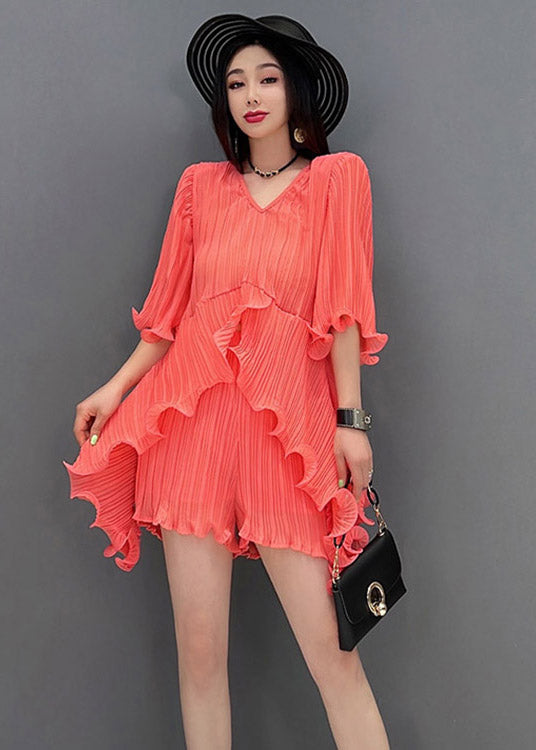 Casual Orange V Neck Silk Top And Shorts Two Pieces Set Summer