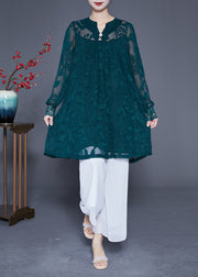 Casual Peacock Green Jacquard Hollow Out Tulle Dress Long Sleeve