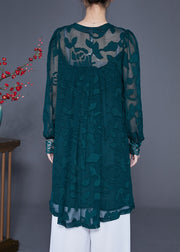 Casual Peacock Green Jacquard Hollow Out Tulle Dress Long Sleeve