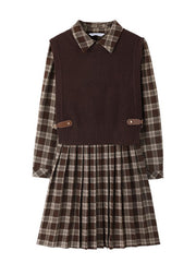 Casual Peter Pan Collar Plaid Knit Waistcoat And Mid DressTwo Pieces Set Spring