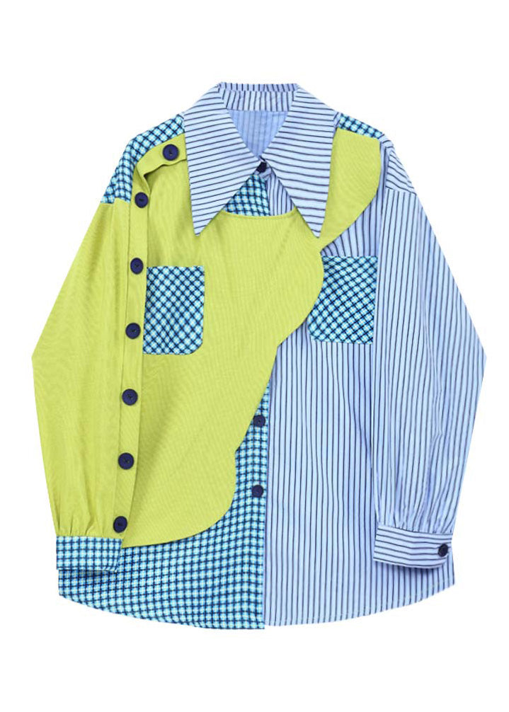 Casual Peter Pan Collar Striped Patchwork Button Shirts Spring