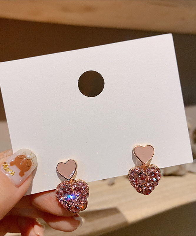 Casual Pink Alloy Inlaid Gem Stone Zircon Love Stud Earrings