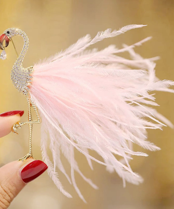 Casual Pink Alloy Inlaid Zircon Flamingo Feather Brooches