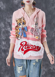 Casual Pink Animal Embroidered Patchwork Knit Pullover Tops Fall