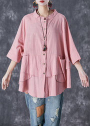 Casual Pink Button Down Pockets Linen Blouses Batwing Sleeve