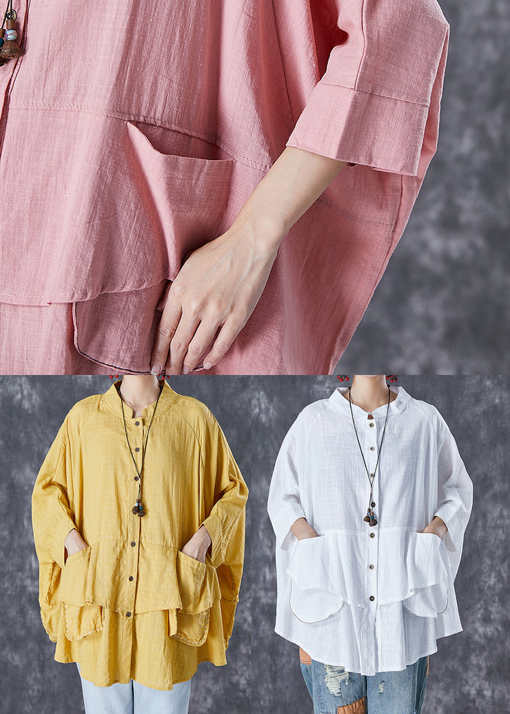 Casual Pink Button Down Pockets Linen Blouses Batwing Sleeve
