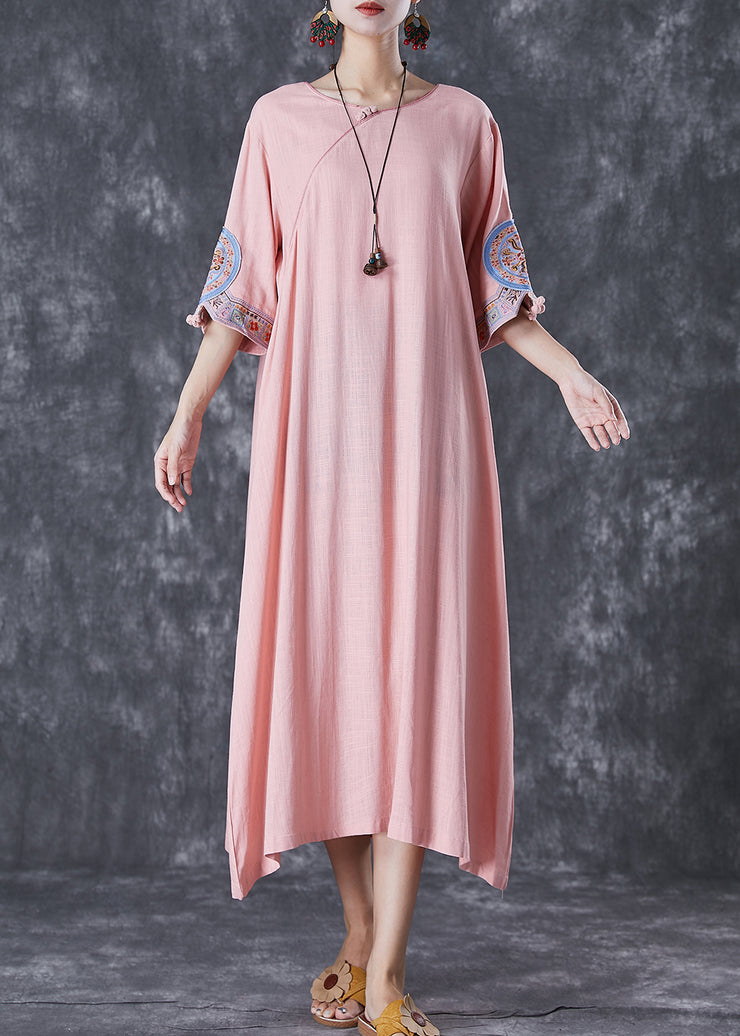 Casual Pink Embroidered Linen A Line Dress Half Sleeve