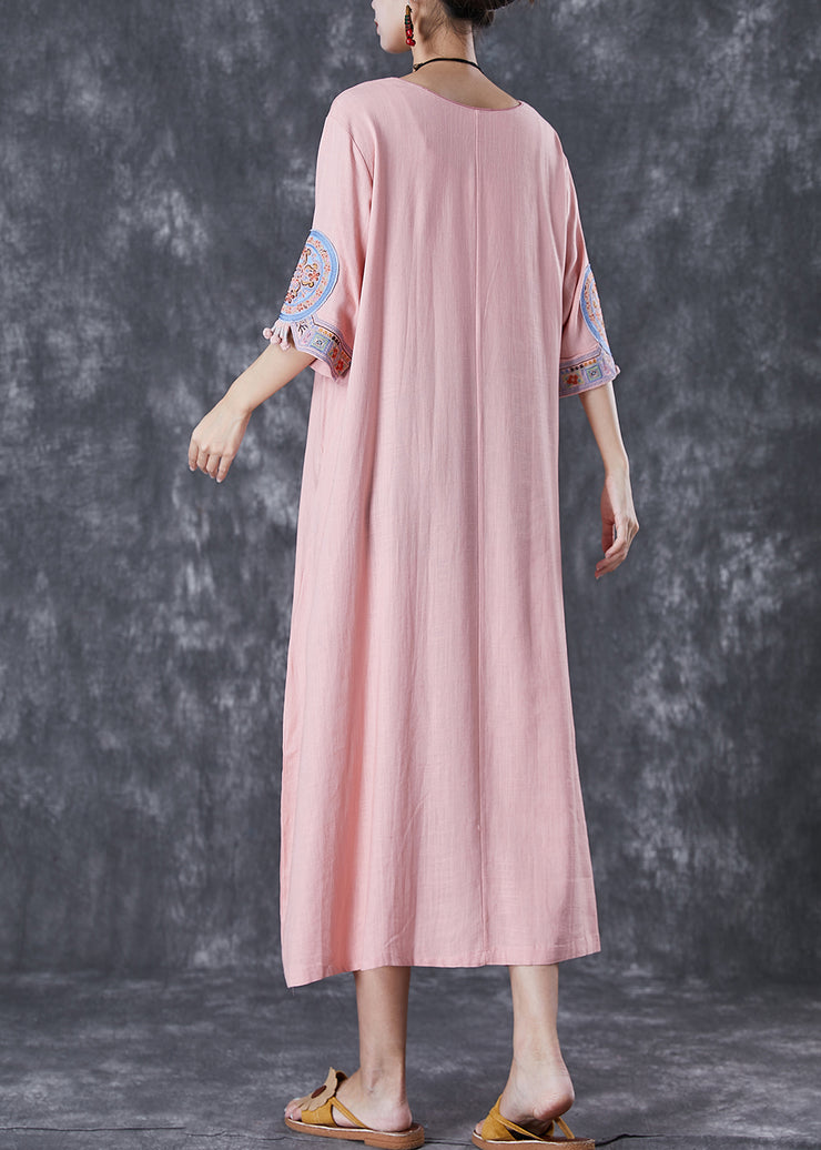 Casual Pink Embroidered Linen A Line Dress Half Sleeve