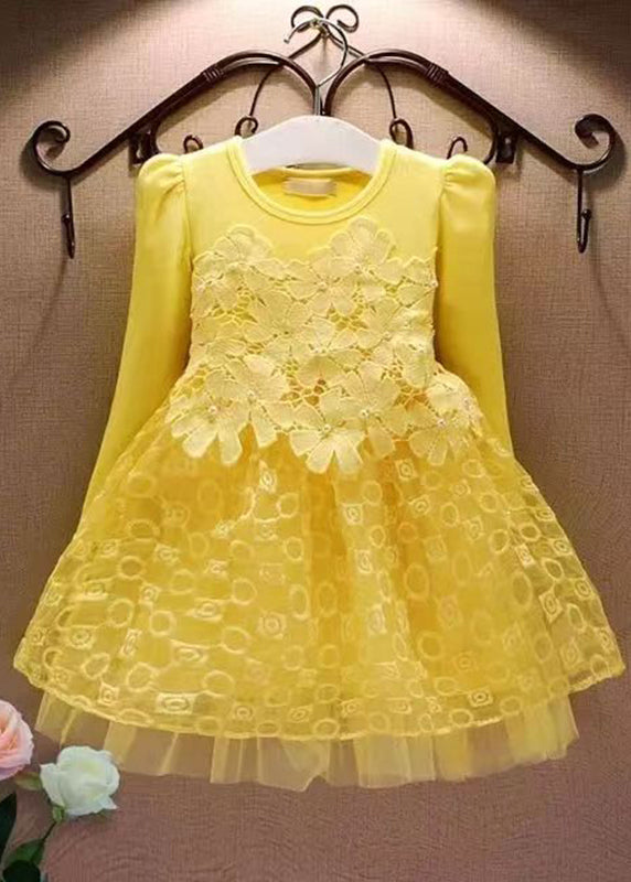 Casual Pink Hollow Out Floral Tulle Patchwork Girls Mid Dress Fall