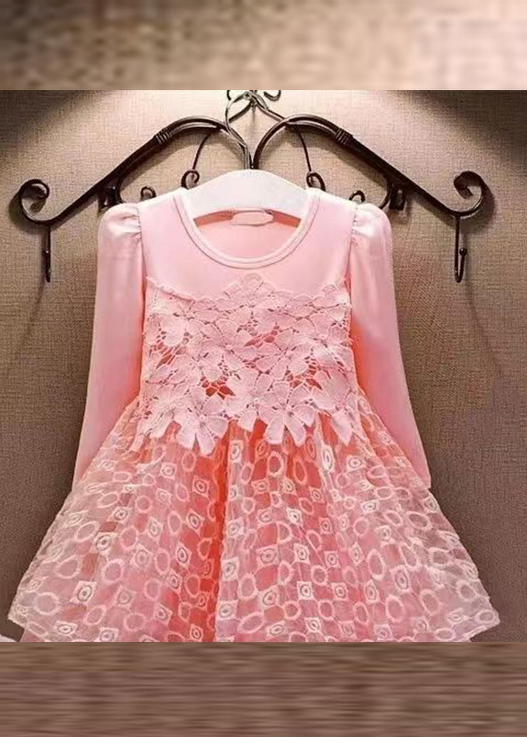 Casual Pink Hollow Out Floral Tulle Patchwork Girls Mid Dress Fall