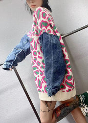 Casual Pink Loose O-Neck Patchwork Fall Leopard Knitwear Coat