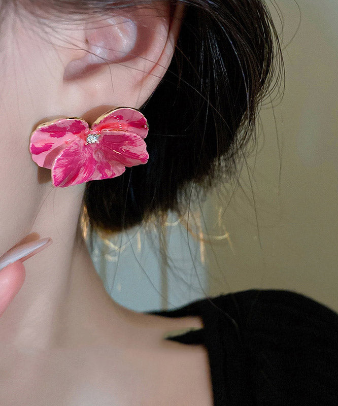 Casual Pink Metal Zircon Floral Stud Earrings