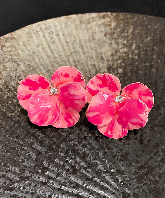 Casual Pink Metal Zircon Floral Stud Earrings