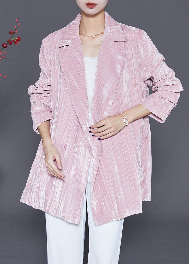 Casual Pink Notched Oversized Silk Velour Jackets Fall