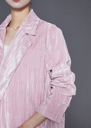Casual Pink Notched Oversized Silk Velour Jackets Fall