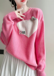 Casual Pink O-Neck Love Jacquard Nail Bead Knit Top Winter