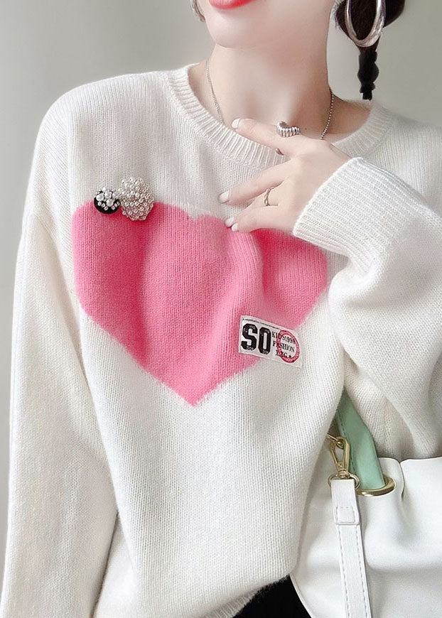 Casual Pink O-Neck Love Jacquard Nail Bead Knit Top Winter