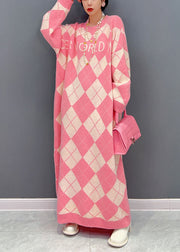Casual Pink O Neck Oversized Plaid Knit Long Dress Winter