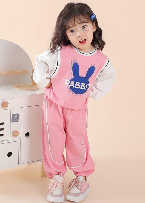 Casual Pink O Neck Print Patchwork Cotton Kids Two Piece Set Fall