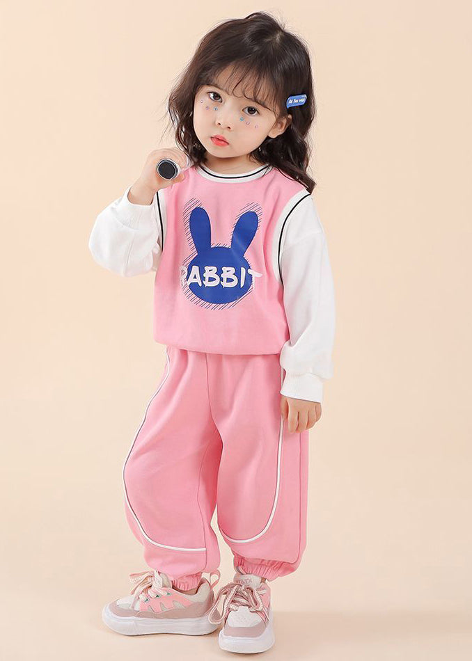 Casual Pink O Neck Print Patchwork Cotton Kids Two Piece Set Fall