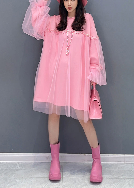 Casual Pink O Neck Tulle Patchwork Cotton Mid Dresses Fall
