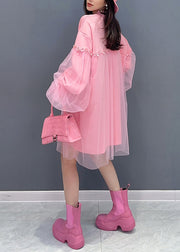 Casual Pink O Neck Tulle Patchwork Cotton Mid Dresses Fall