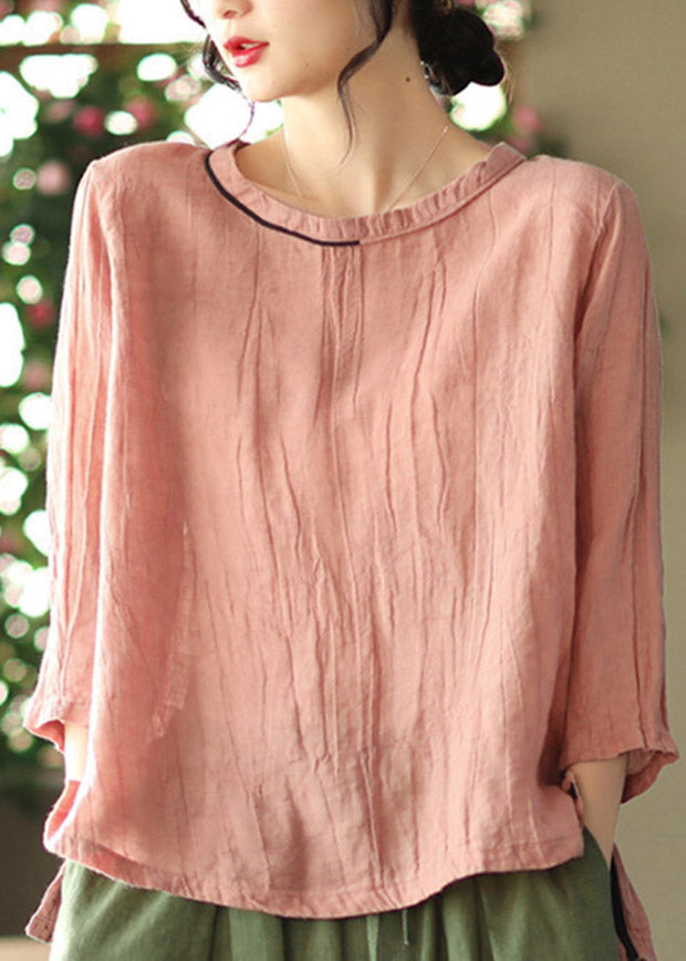 Casual Pink O-Neck Wrinkled side open Top Three Quarter sleeve