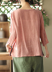 Casual Pink O-Neck Wrinkled side open Top Three Quarter sleeve