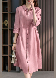 Casual Pink Peter Pan Collar Button Wrinkled Maxi Dresses Long Sleeve
