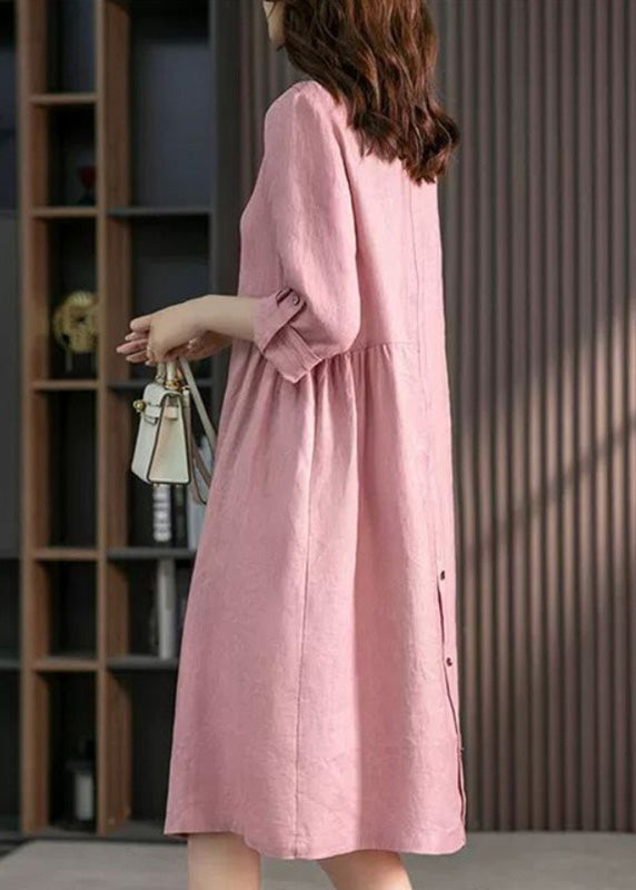 Casual Pink Peter Pan Collar Button Wrinkled Maxi Dresses Long Sleeve