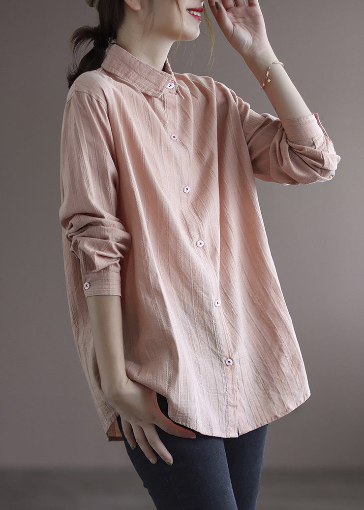 Casual Pink Peter Pan Collar Cotton Shirt Long Sleeve
