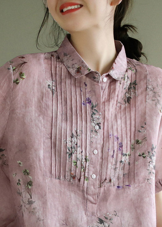 Casual Pink Peter Pan Collar Print Button Linen Shirts Short Sleeve
