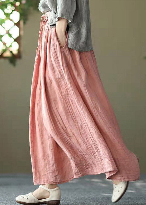 Casual Pink Pockets wrinkled Tie Waist Linen Skirt Summer