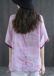 Casual Pink Print Patchwork Summer Linen Shirt Half Sleeve - SooLinen