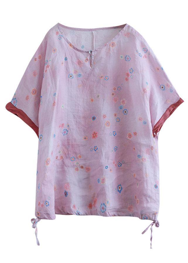 Casual Pink Print Patchwork Summer Linen Shirt Half Sleeve - SooLinen