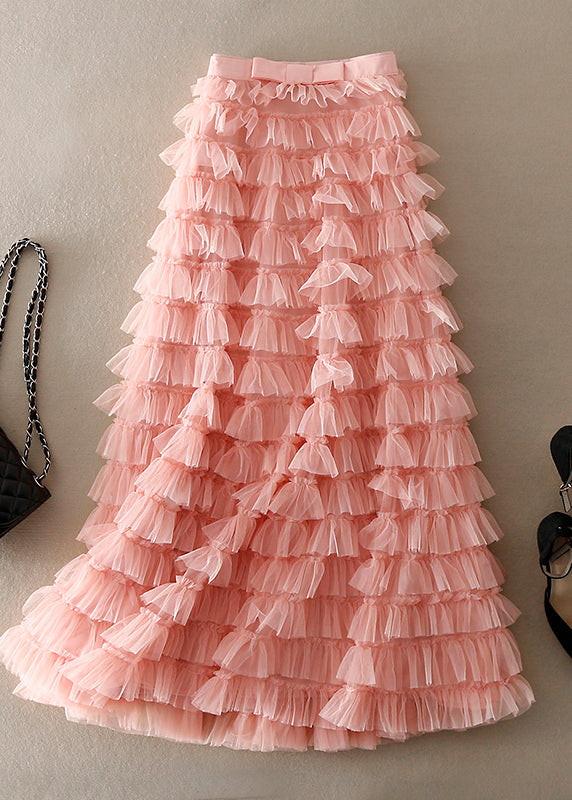 Casual Pink Ruffled Patchwork Tulle Skirt Spring