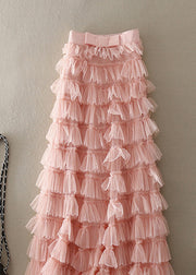Casual Pink Ruffled Patchwork Tulle Skirt Spring