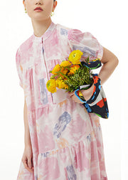 Casual Pink Stand Collar Patchwork Maxi Dress Summer Short Sleeve
