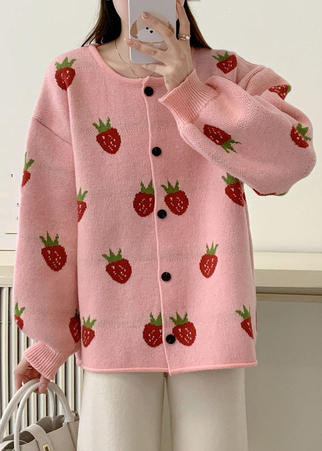Casual Pink Strawberry Floral Cotton Knit Sweaters Coats Fall
