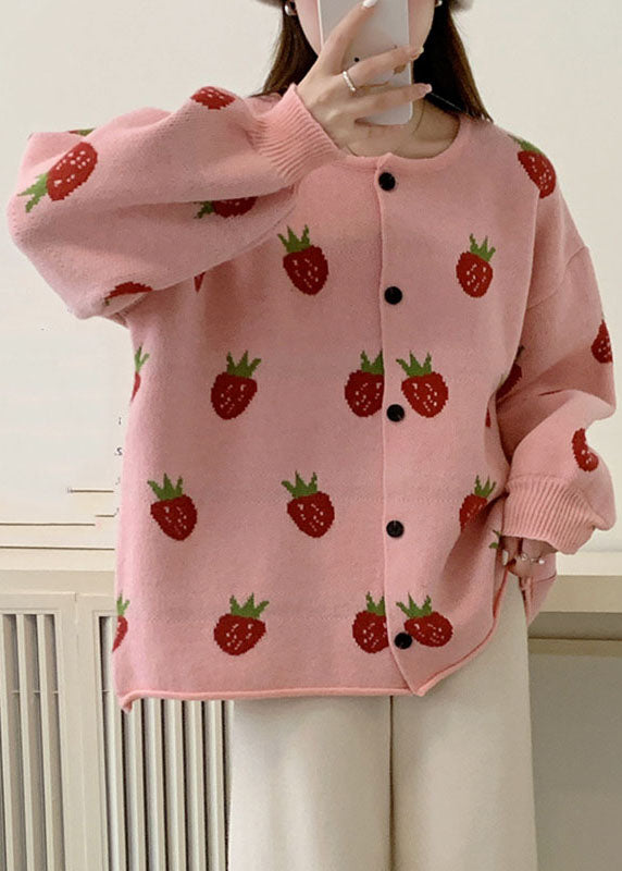 Casual Pink Strawberry Floral Cotton Knit Sweaters Coats Fall