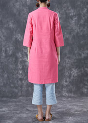 Casual Pink V Neck Button Cotton Shirt Dresses Bracelet Sleeve